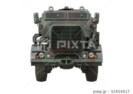 Truck military camouflaged car, front view 32854017