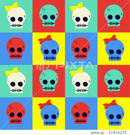 Pop art styled flat vector seamless pattern of cute skulls.   32854235