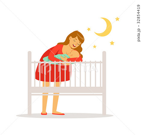 Young mother in red dress putting her newborn baby Young mother in red dress putting her newborn baby 32854419