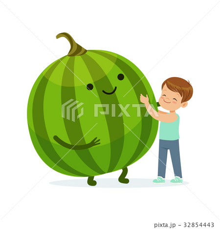 Happy boy having fun with fresh smiling watermelon 32854443