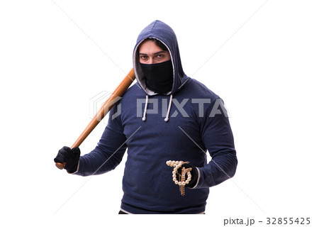 Young man hooligan with baseball bat isolated on 32855425