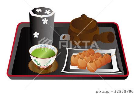 今日のスイーツ緑茶とみたらし団子 32858796
