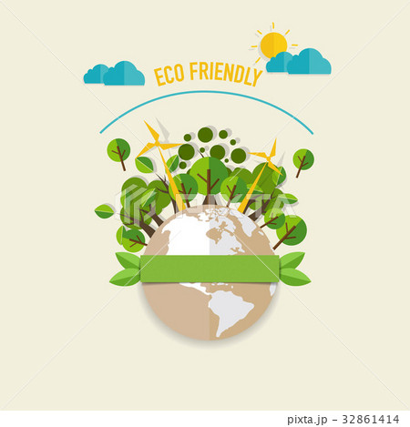 ECO FRIENDLY. Ecology concept with Green Eco Earth and Trees. Vector illustration ECO FRIENDLY. Ecology concept with Green Eco Earth and Trees. Vector illustration 32861414
