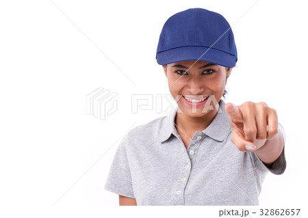 woman worker or service staff pointing at you woman worker or service staff pointing at you 32862657
