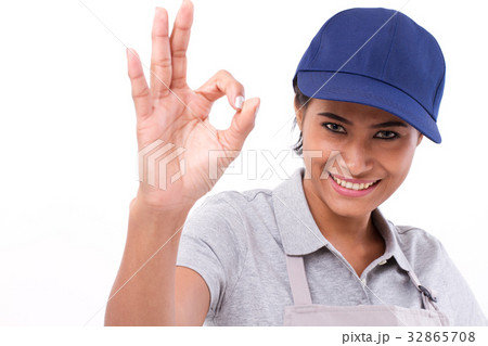 woman service staff giving ok hand gesture 32865708