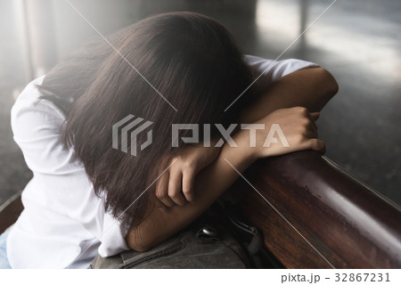 Sadness of Young Asian Backpacker Woman. 32867231