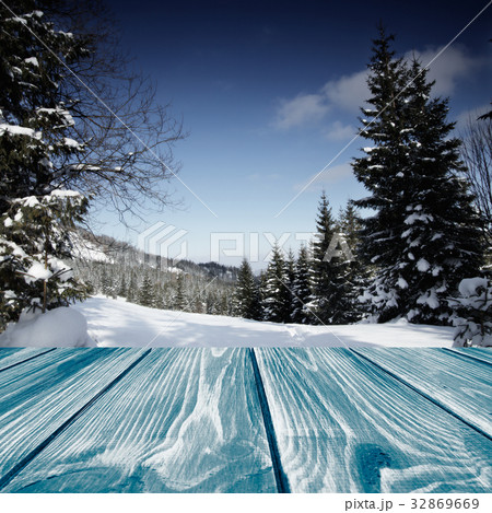Wooden planks with a winter landscape 32869669