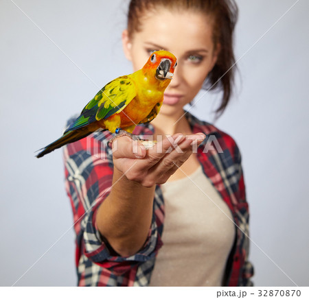 Woman feeding parrots. isolated shoot Woman feeding parrots. isolated shoot 32870870