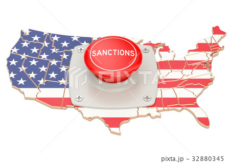Sanctions button on map of USA , 3D rendering 32880345