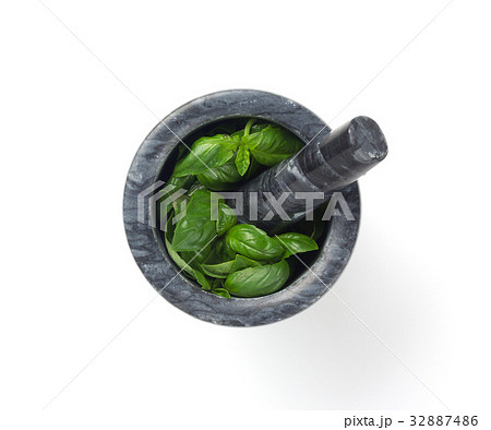 basil in mortar on white background 32887486