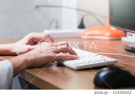 Working at home with pc woman writing a blog. Working at home with pc woman writing a blog. 32888082