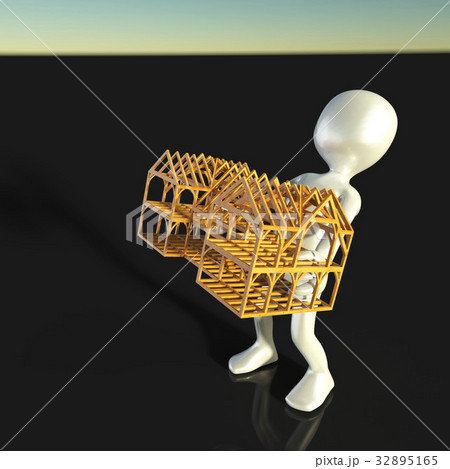 Concept guy holding wooden house isolated on 32895165