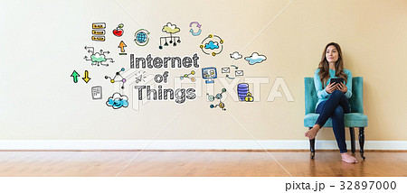 Internet of Things text with young woman holding a 32897000