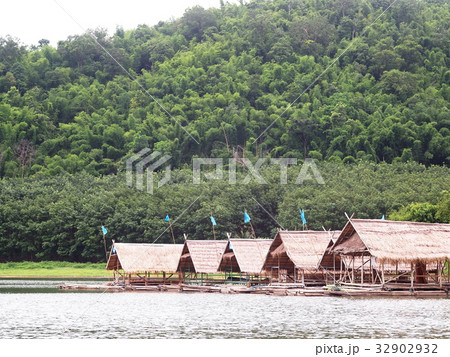 mountain lake landscape with bamboo floating raft mountain lake landscape with bamboo floating raft 32902932