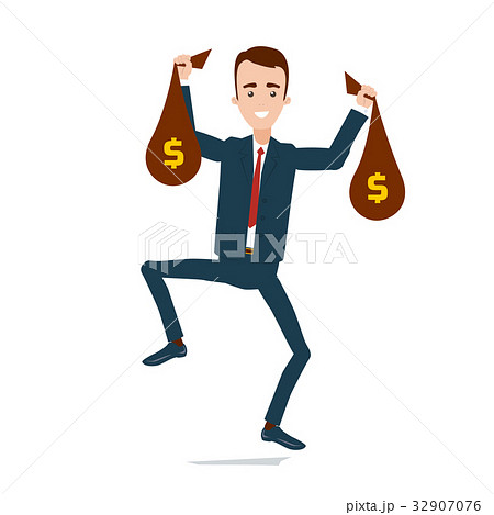 Happy businessman in suit with bags of money 32907076