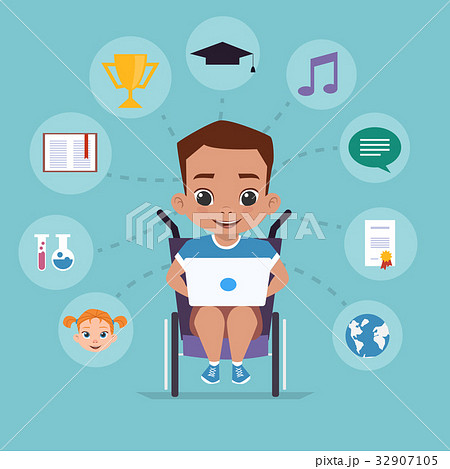 A boy in a wheelchair is studying via the Internet A boy in a wheelchair is studying via the Internet 32907105