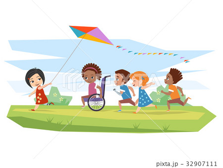 Joyful disabled children and healthy run and run Joyful disabled children and healthy run and run 32907111