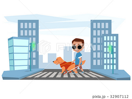 Blind boy crosses the road with a guide dog Blind boy crosses the road with a guide dog 32907112