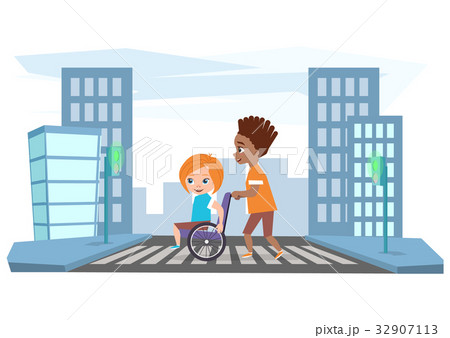 The boy drives the girl in a wheelchair The boy drives the girl in a wheelchair 32907113