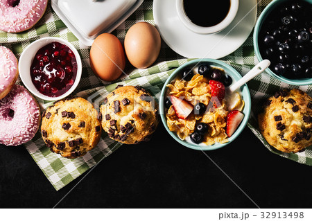 Tasty fresh breakfast food ingredients on black 32913498