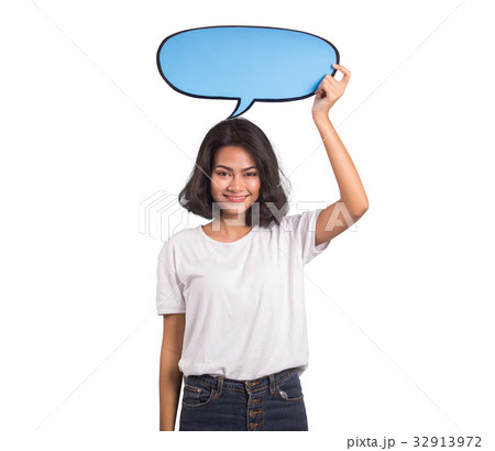 Beautiful asian woman with speak bubble on white Beautiful asian woman with speak bubble on white 32913972