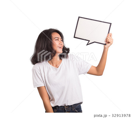 Beautiful asian woman with speak bubble on white Beautiful asian woman with speak bubble on white 32913978