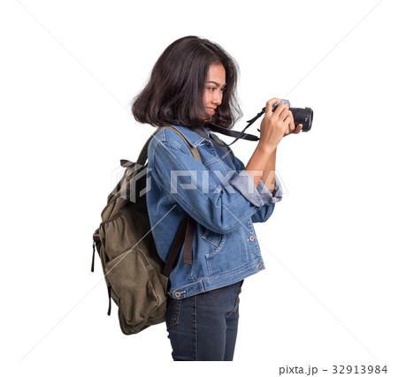 Asian women with camara for backpacking on white Asian women with camara for backpacking on white 32913984
