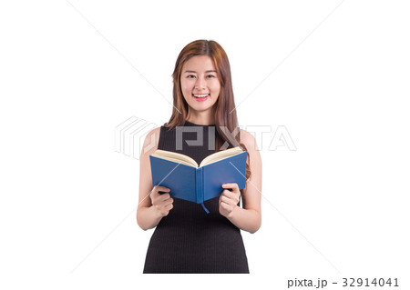 Beautiful woman with blue book on white background Beautiful woman with blue book on white background 32914041