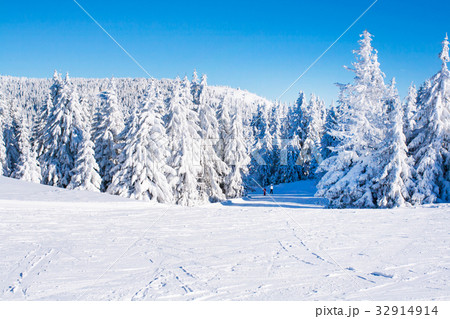 Vibrant panorama of the slope at ski resort Vibrant panorama of the slope at ski resort 32914914