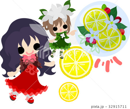 女の子と妖精とレモンのクリスタルのイラストのイラスト素材