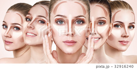 Collage of woman's faces with contouring makeup. 32916240