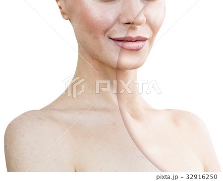 young woman before and after retouch 32916250