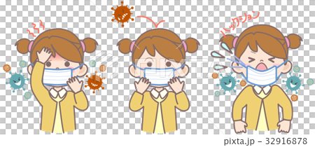 ウイルスに感染したマスクの子供とウイルスをはじくマスクの子供 32916878