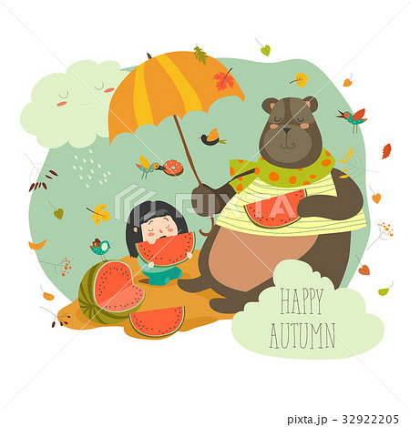 Cute girl with bear eating watermelon Cute girl with bear eating watermelon 32922205