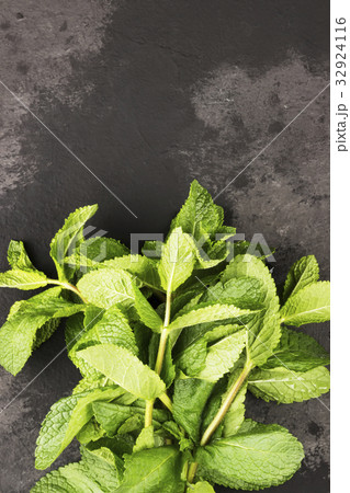 Bunch fresh mints on a dark background. Top view Bunch fresh mints on a dark background. Top view 32924116