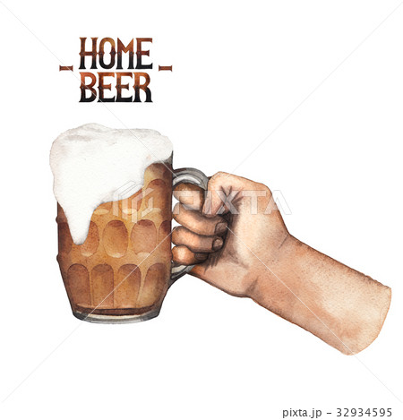 Watercolor hand with mug of beer 32934595