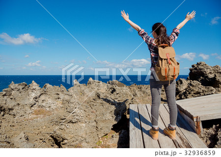 woman hiker cheering success and joy woman hiker cheering success and joy 32936859