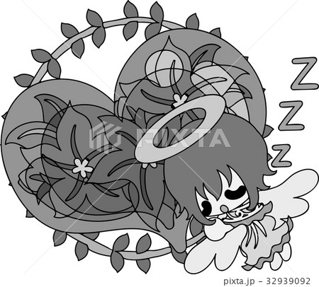 眠っている可愛い天使と巨大なハートのオブジェ 32939092