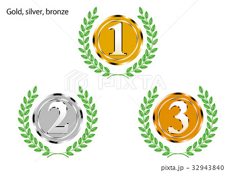 メタリックの質感の金メダル、銀メダル、銅メダル　gold medal　グリーンの月桂樹 32943840