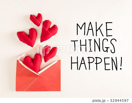 Make Things Happen message with red heart cushions 32944597
