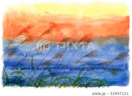 アナログ水彩夕焼け空とすすき 32947121
