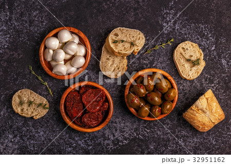 Fresh bread with snacks. Fresh bread with snacks. 32951162