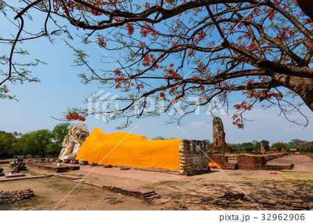 Reclining big Buddha with Spring tree, Ayutthaya Reclining big Buddha with Spring tree, Ayutthaya 32962906