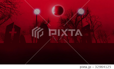 Gloomy graveyard with three tombs on Halloween 32964125