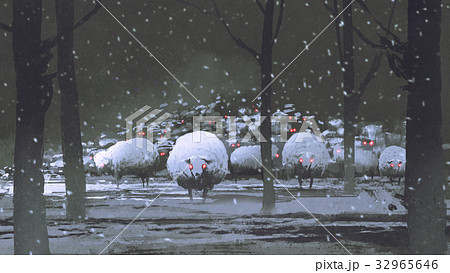 flock of demon sheep in winter landscape 32965646