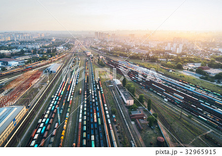 Aerial view of colorful freight trains. Railway Aerial view of colorful freight trains. Railway 32965915
