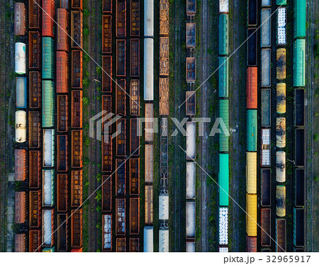 Aerial view of colorful freight trains Aerial view of colorful freight trains 32965917