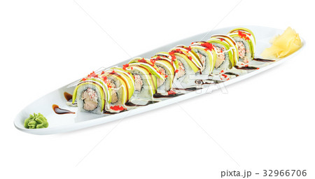 Sushi Avocado crunch maki plate isolated on white Sushi Avocado crunch maki plate isolated on white 32966706