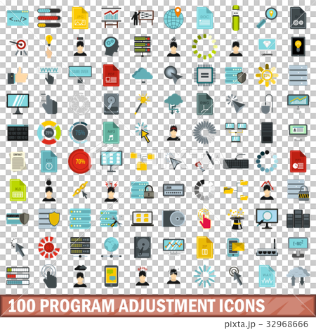 100 program adjustment icons set, flat style 32968666