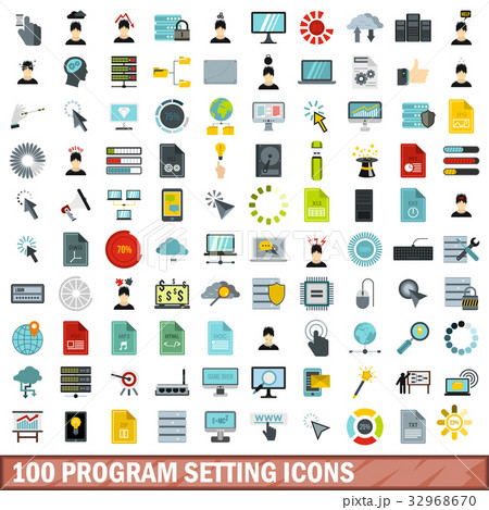 100 program setting icons set, flat style 32968670